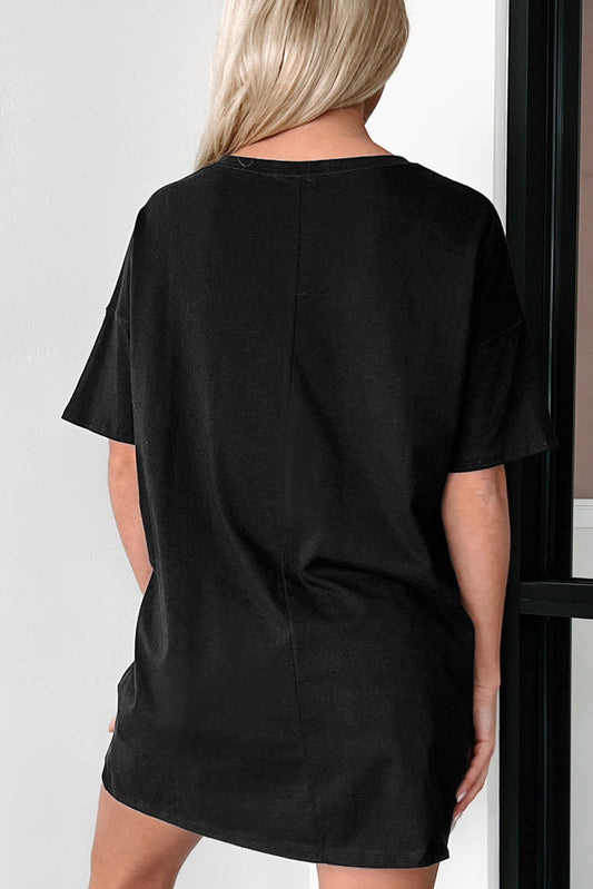 Black Solid Color Round Neck Basic Tunic T Shirt