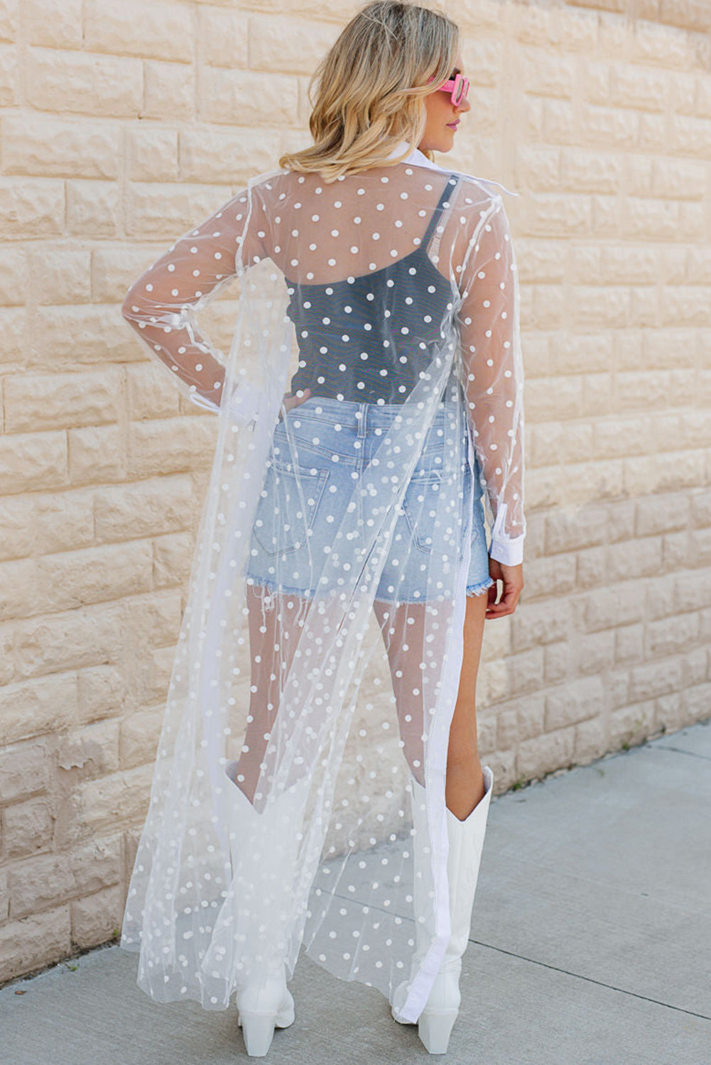 White Polka Dot Print Collared Buttoned Mesh Duster Kimono