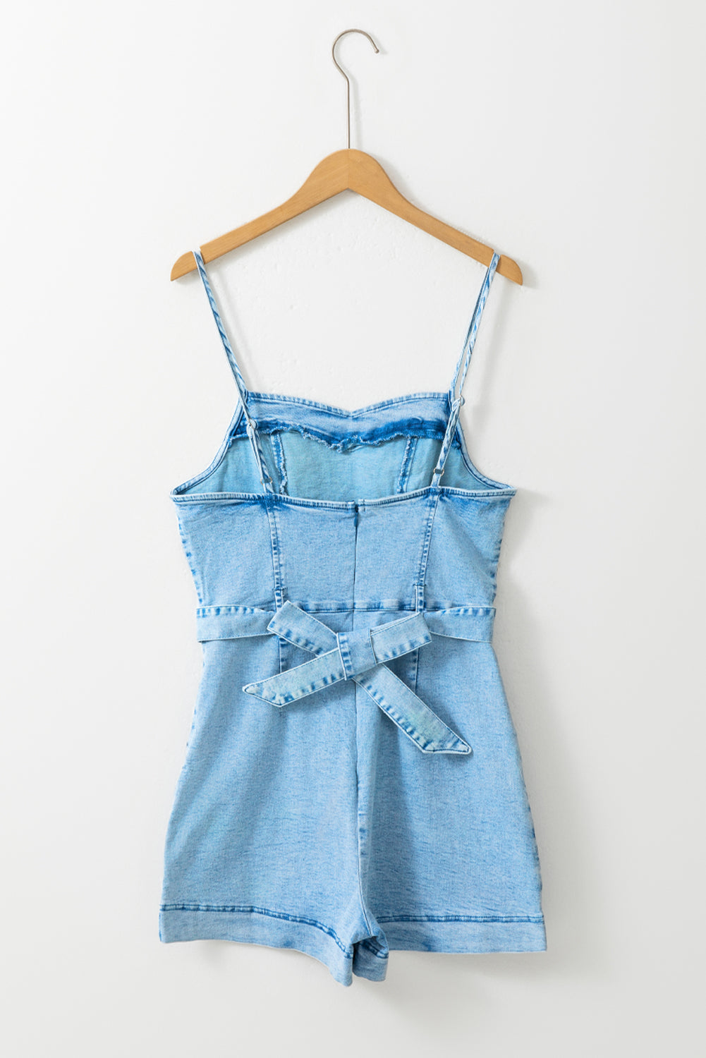 Beau Blue Spaghetti Straps Belted Denim Romper