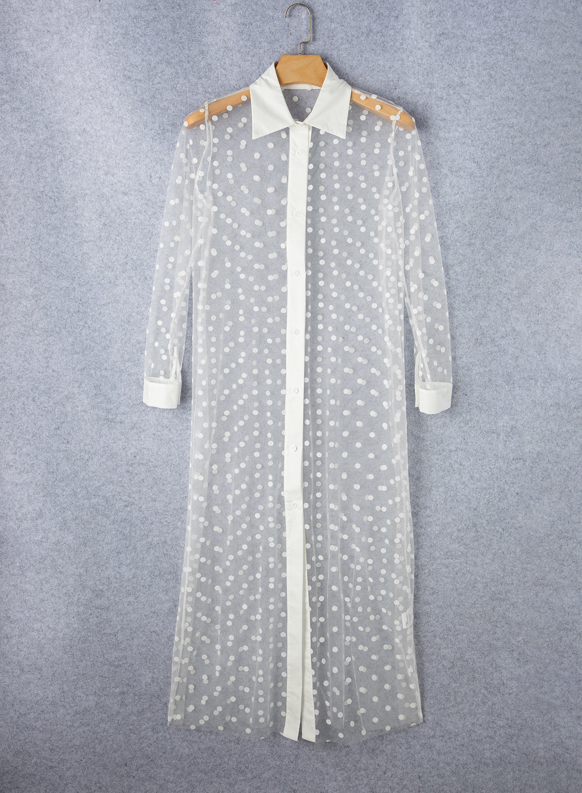 White Polka Dot Print Collared Buttoned Mesh Duster Kimono